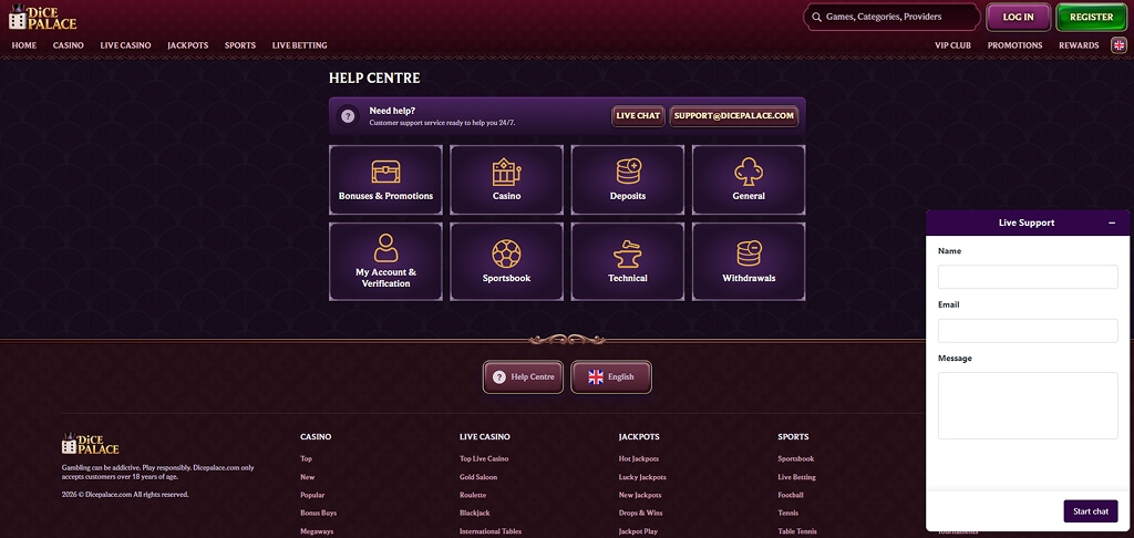 DicePalace Casino Conact Us