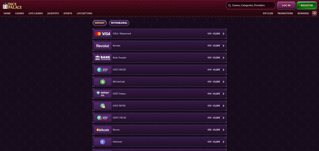 DicePalace Casino Payment Methods
