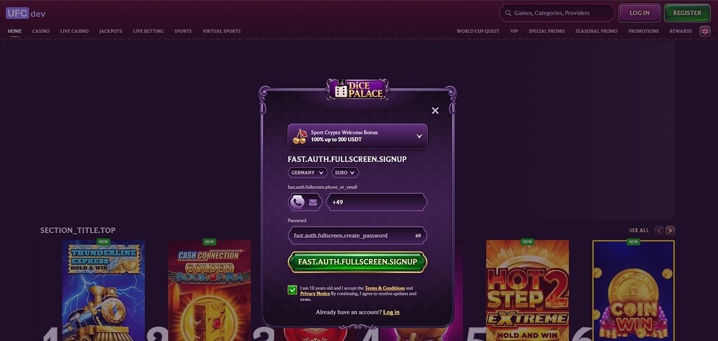 DicePalace Casino Registration
