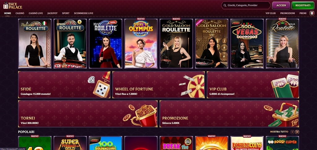 Interfaccia del Casinò DicePalace