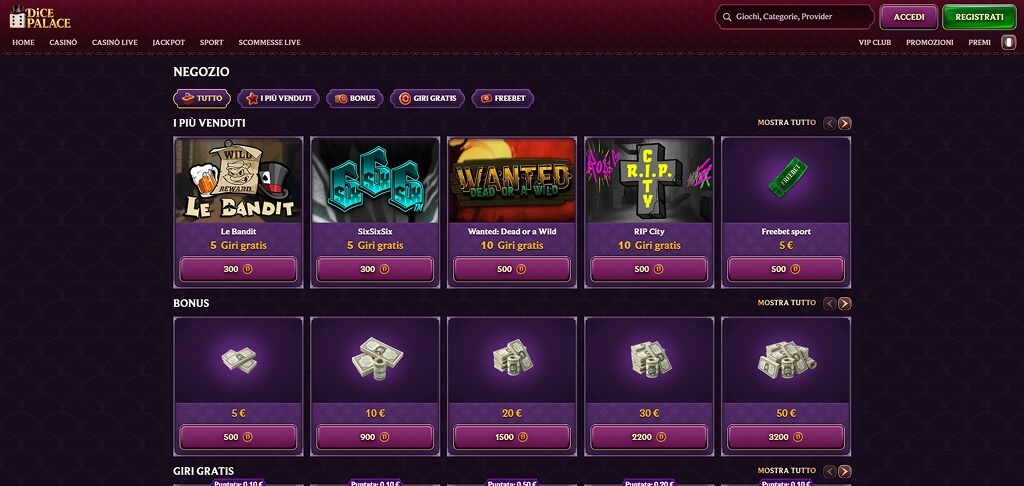 Negozio bonus DicePalace Casinò