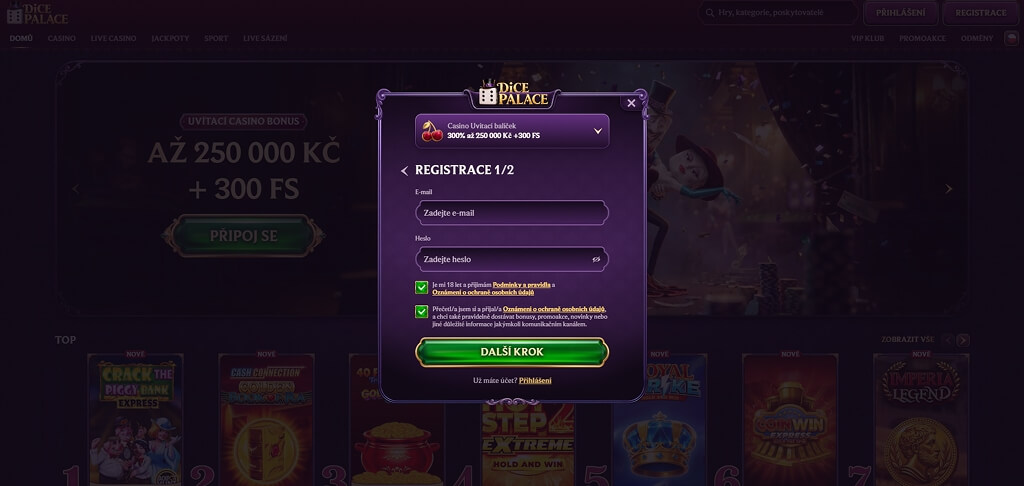 Registrace v kasinu DicePalace
