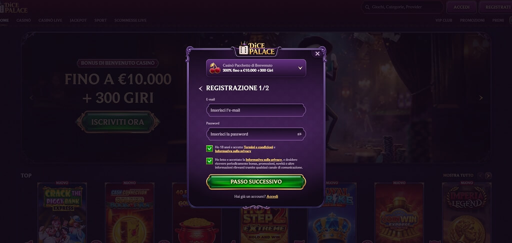 Registrazione al Casinò DicePalace