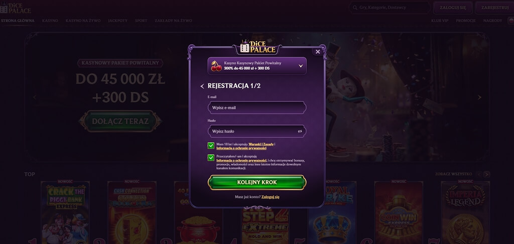 Rejestracja w kasynie DicePalace